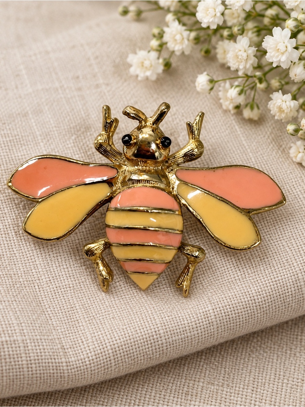 Vintage Signed CRAFT Pink & Cream Enamel Bee Brooch